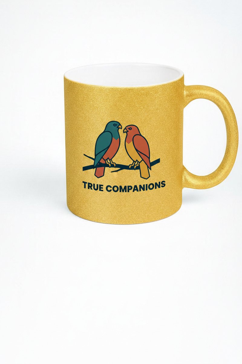 Gouden Glitter Mok 'True Companions' met Lieve Vogels | Ware Metgezellen Beker | Uniek Cadeau