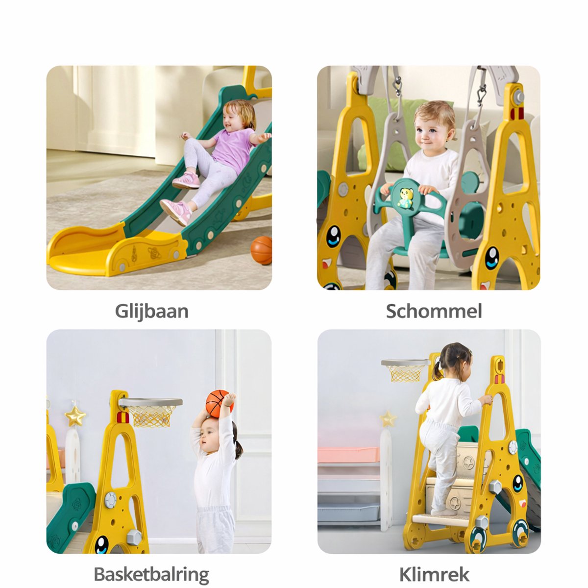 Glijbaan- En schommelset voor kinderen – Groot binnen/buiten speeltoestel–Basketbalring en muziek–Geel — afbeelding 5