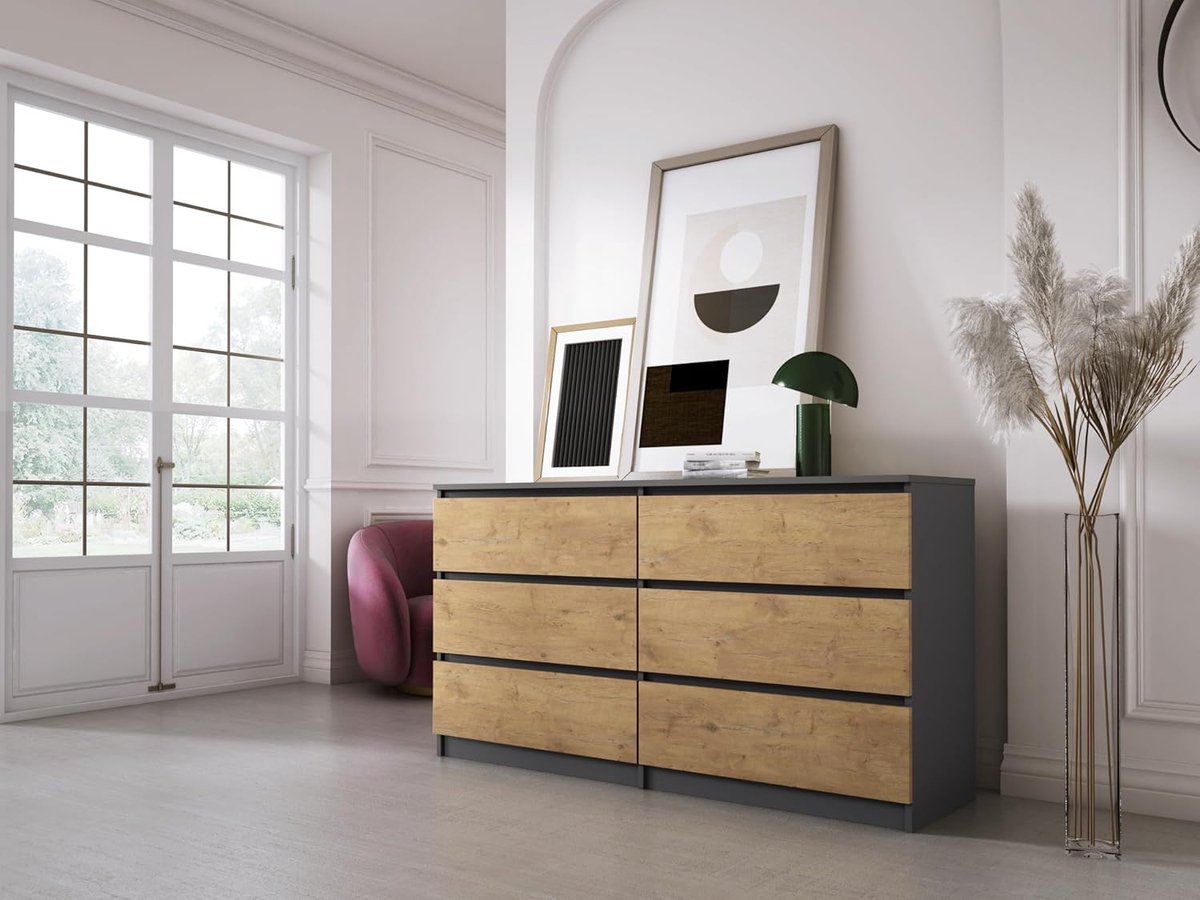 Commode met 6 Laden – Moderne Opbergkast voor Slaapkamer & Woonkamer – Antraciet met Lancelot Eiken – 140 x 79 x 39 cm – Pauwhome