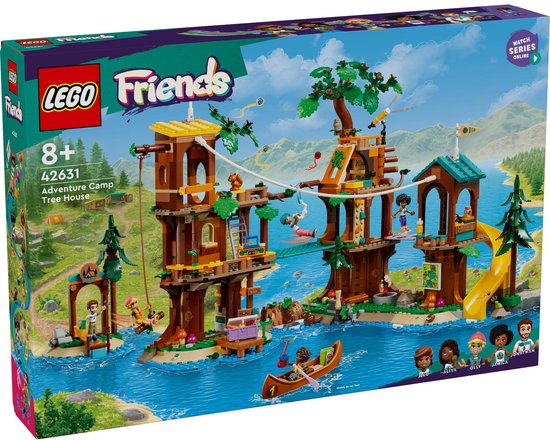 Cabane dans les arbres du camp d'aventure LEGO Friends avec des cabanes, une tyrolienne, un toboggan jaune, un canoë et des figurines.