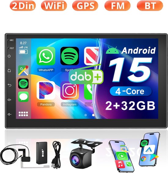 Foto: Essgoo autoradio 2din universeel android 15 apple carplay android auto draadloos 2 32gb 7 inch hd touchscreen gps navigatiesysteem dab achteruitrijcamera