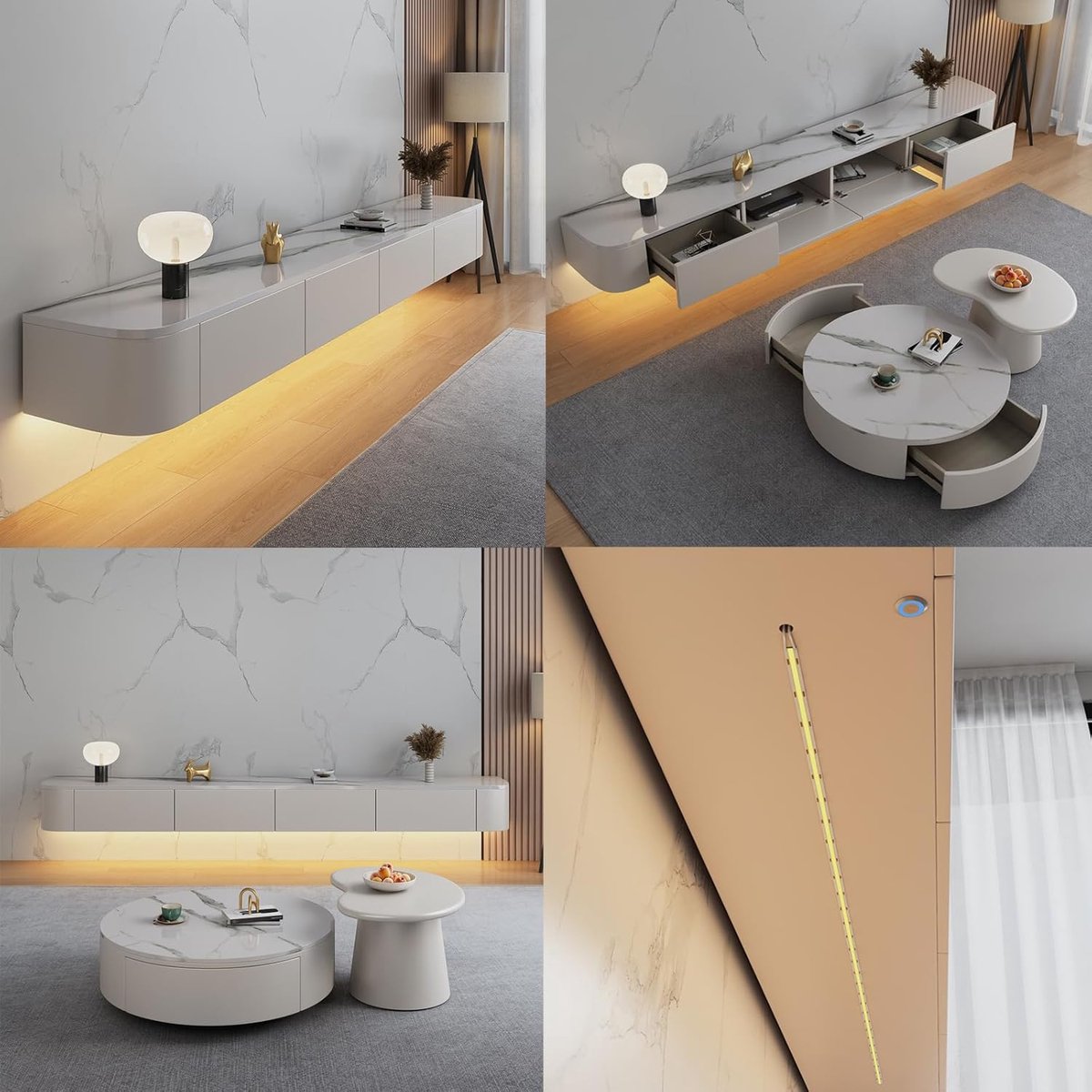 Drijvende TV-kast 140x24x20 cm – Moderne Wandmontage TV-meubel met Laden, LED-verlichting en Ruime Opbergruimte – Minimalistisch Design voor Woonkamer – Pauwhome