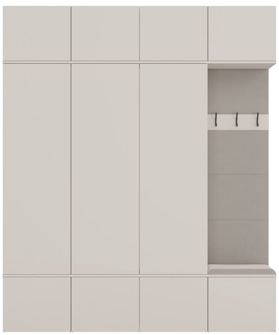 Gesloten off-white halmeubel met 4 deuren, een kapstokpaneel en een zitbank.