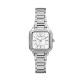 Zilverkleurig Emporio Armani dameshorloge met vierkante wijzerplaat en metalen band.