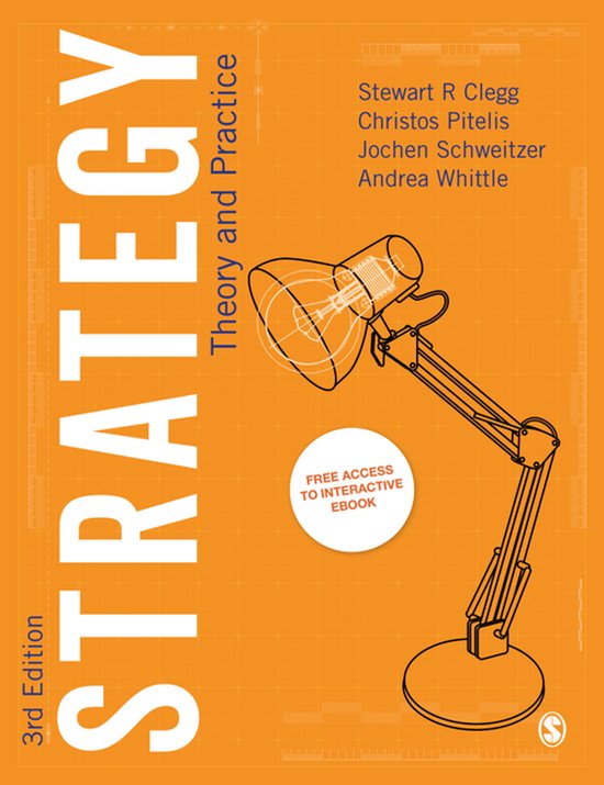 Boek "Strategy Theory and Practice", 3e editie, met een schematische bureaulamp en een cirkelvormige tekst "Free Access to Interactive eBook".