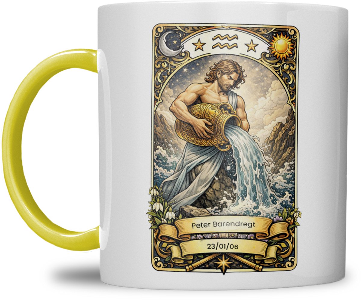 Sterrenbeeld mok - Waterman - Geel - Tarot mok - Gepersonaliseerd met naam en datum