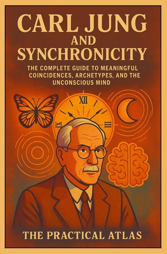 Boek 'Carl Jung and Synchronicity' met portret van Jung, vlinder, klok en maan.