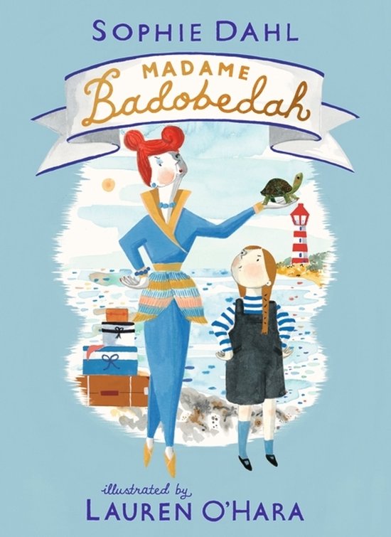 Boekomslag van 'Madame Badobedah' met een blauwe achtergrond, een gestileerde vrouw met opgestoken rood haar die een schildpad vasthoudt en een meisje in een tuinbroek.