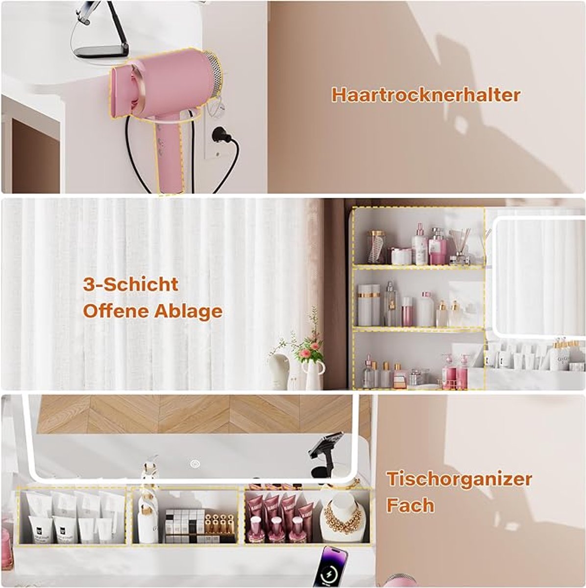 Make-uptafel met LED-verlichting, spiegel, kruk, 5 laden & 6 legvlakken – verstelbare helderheid, hoek-kaptafel wit, 120 x 65 x 136 cm – Pauwhome