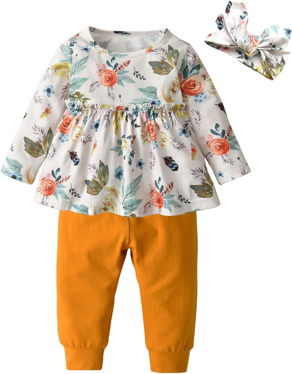 Schattige Baby Meisje Kleding Set: Bloemen Shirt met Ruches, Lange Broek en Hoofdband (3-delig)