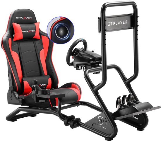Zwarte racecockpit met rode racestoel, stuur, pedalen en monitorhouder.