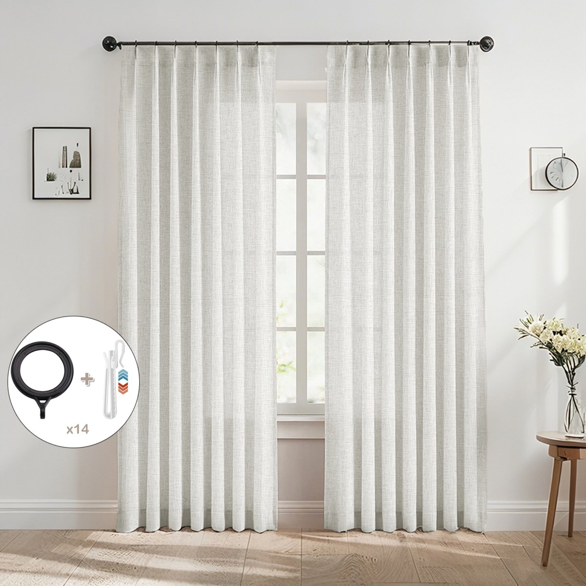 Qelus 2 Stuks Luxe Linnen Look Gordijnen - 102x213 cm - Lichtgrijs - Vlinderplooi Inbetween Gordijn met Haken & Ringen - Tijdloze Raamdecoratie