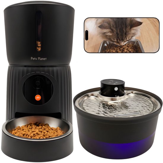Pets Planet Duoset Automatische Voerbak met Camera & Draadloze Drinkfontein - Duo set - Waterfontein - Voermachine - All in Pakket - Premium set