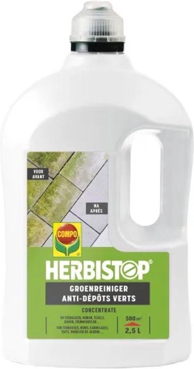 Herbistop Groenreiniger Concentrate - tegen groene aanslag - op terrassen, muren, tegels, daken, tuinmeubelen, ... - bidon 2,5L (500 m²)