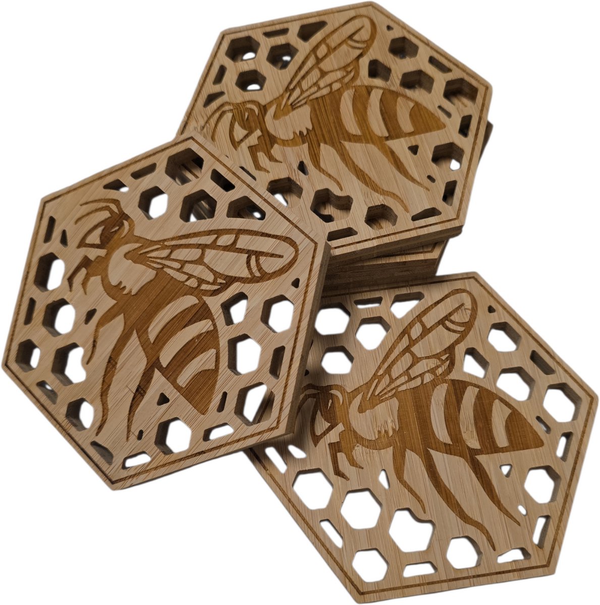 Houten Onderzetters Honingraat – Set van 6 – Bamboe – Bijen Design