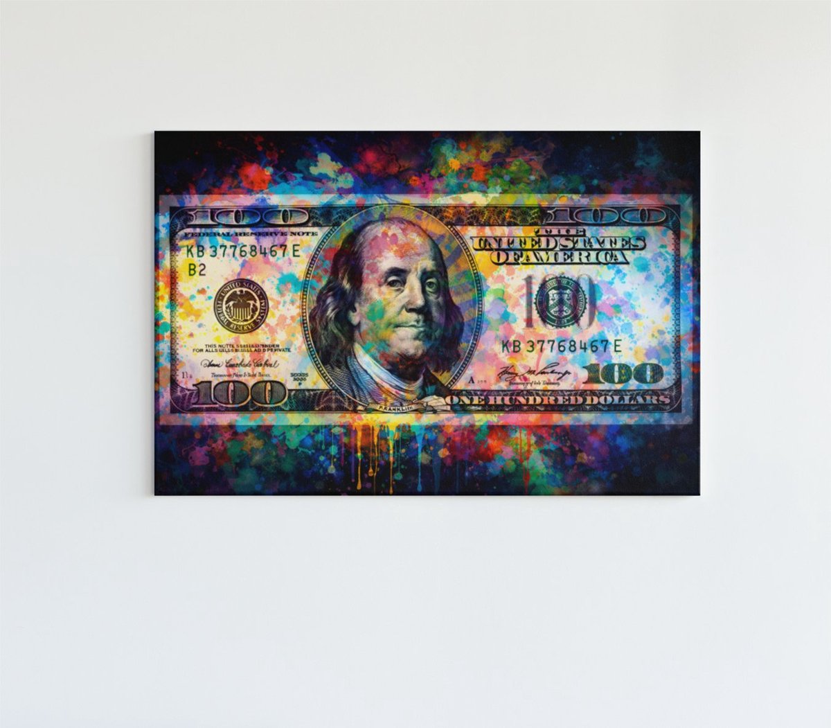 Trendex Global Canvas Schilderij - Pop Art - 100 Dollar - Geld Design - Kleurrijke Wanddecoratie - 150x100 cm
