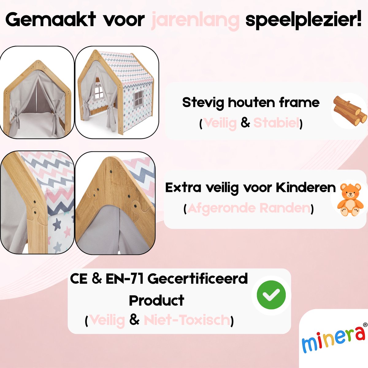 Minera® Tipi Tent - Speeltent - Meisjes - Binnen Speelgoed - Speelhuisje voor Kinderen - Houten Kinderhuisje - Kindertent vanaf 1 tot 7 Jaar - Wit met Roze — afbeelding 3