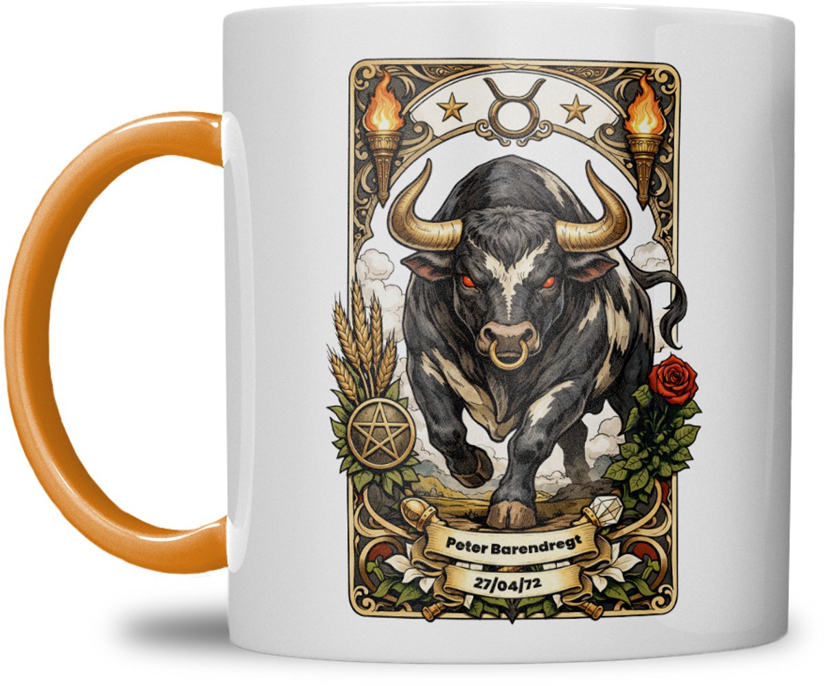 Sterrenbeeld mok - Stier - Oranje - Tarot mok - Gepersonaliseerd met naam en datum