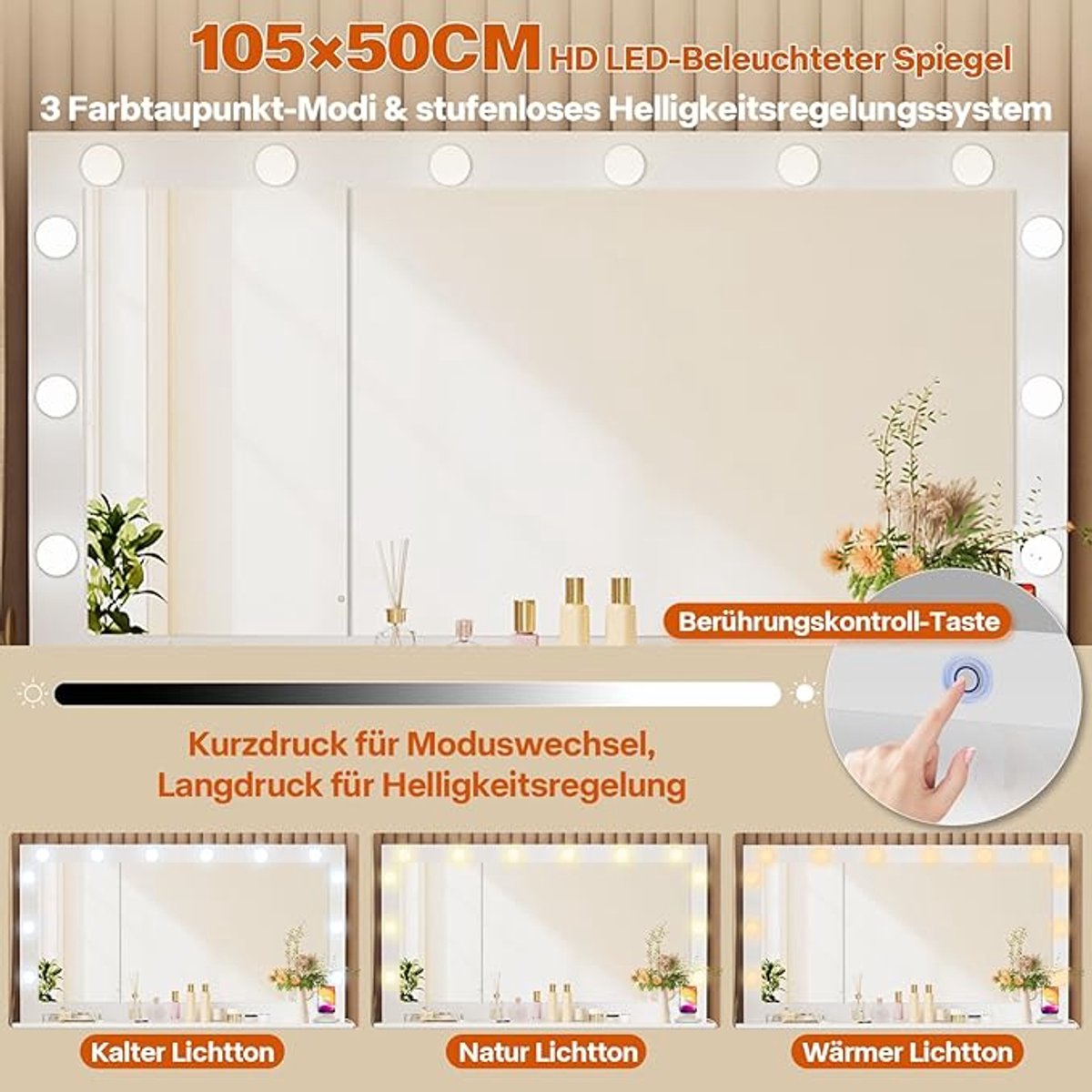 Make-uptafel met LED Spiegel 120 x 40 x 140 cm – Hollywood Vanity met 3 Lichtmodi, Instelbare Helderheid, 7 Laden, Stopcontact & USB, Verborgen Sieradenkast – Modern Design voor Slaapkamer | Pauwhome