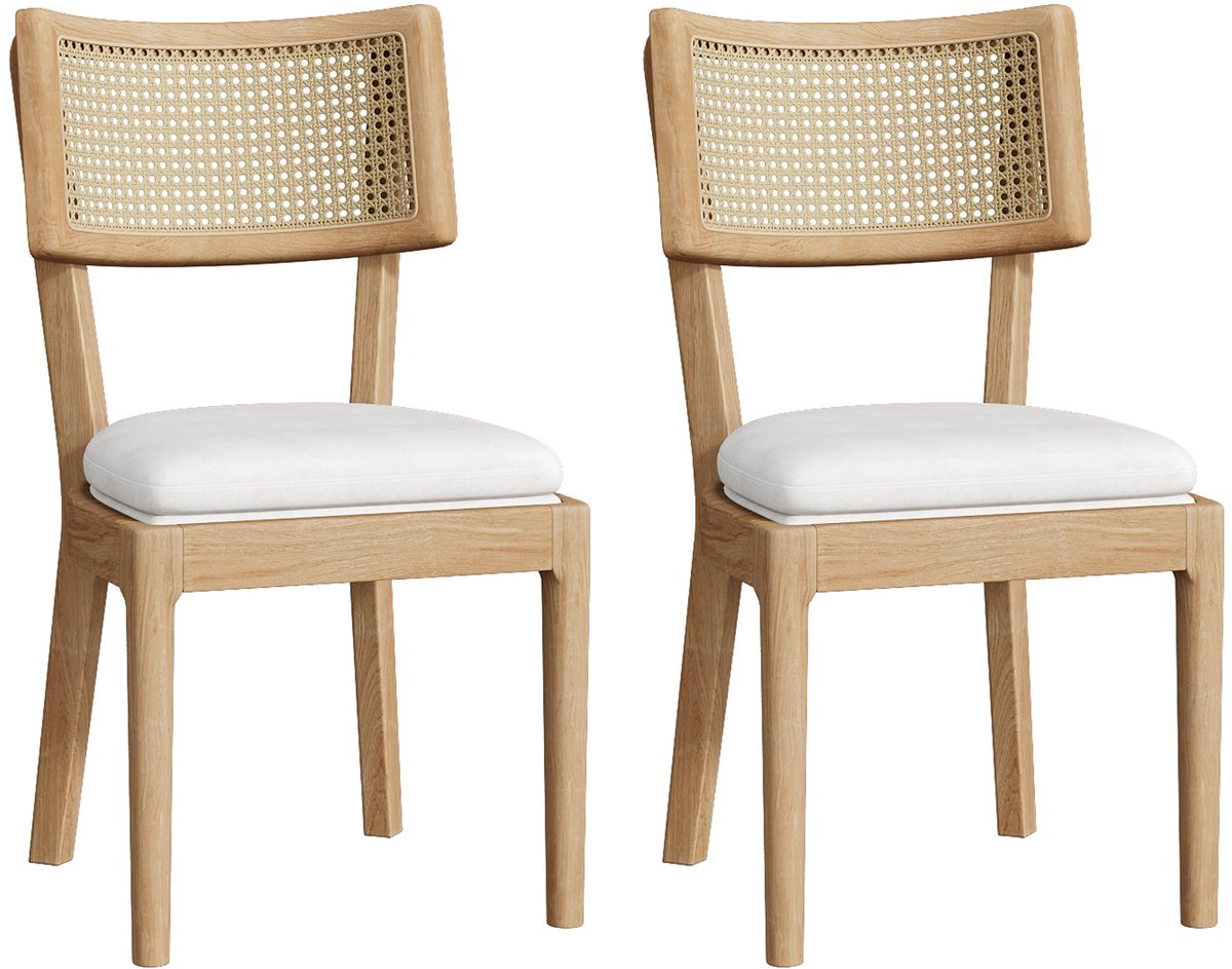 Merax Eetkamerstoelen Set van 2 – Massief Hout & Rattan Rugleuning – Met Linnen Zitkussen – Houtkleur – 50x58x88 cm