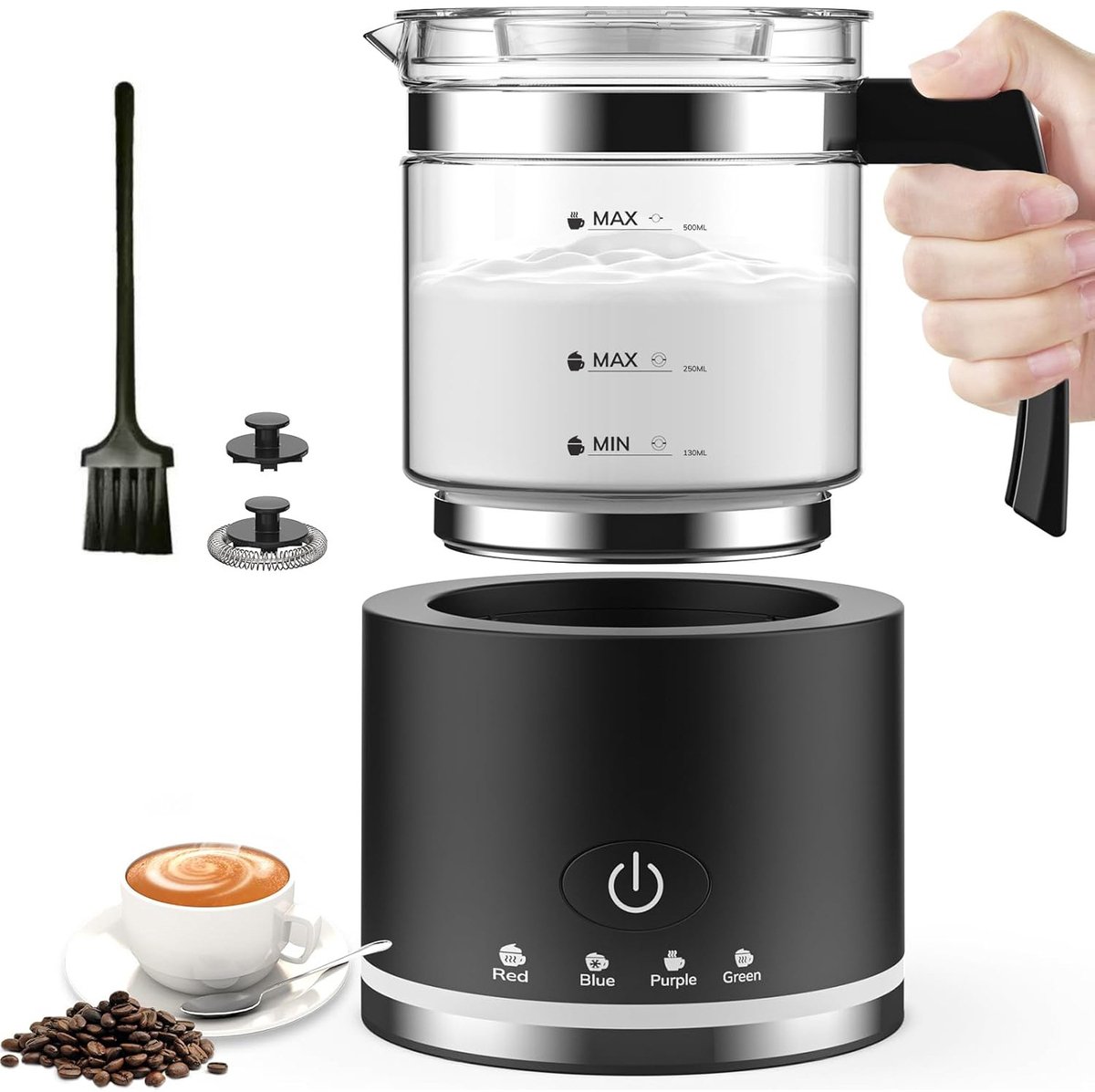 Elektrische melkopschuimer en stoommandje, 16,9 oz/500 ml - Melkopschuimer en stomer geschikt voor latte - Vaatwasmachinebestendig - 4 functies - Perfect melkschuim binnen 2 minuten - Zwart