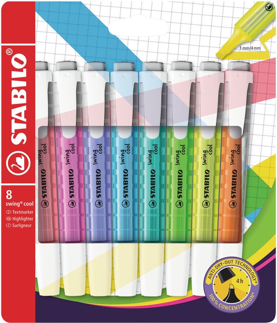 STABILO swing cool - Markeerstift - Perfect Voor Onderweg - Etui Met 8 Kleuren