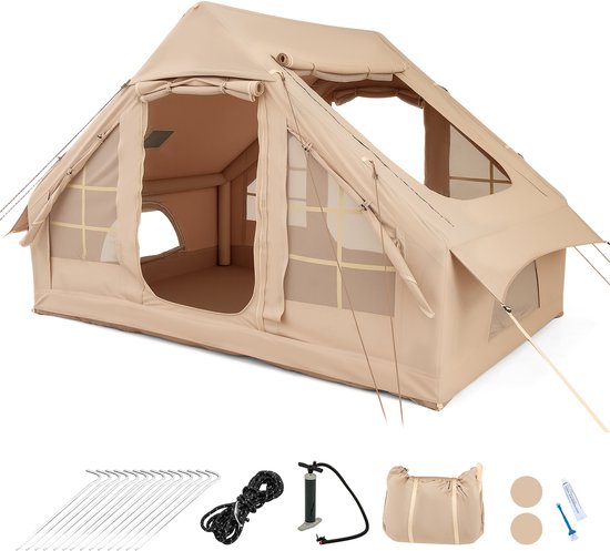 COSTWAY Opblaasbare tent voor 4-6 personen, campingtent met 4 netramen en 2 deuren en dakraam, incl. draagtas en pomp, luchttent voor kamperen en vissen, 300 x 210 x 197 cm