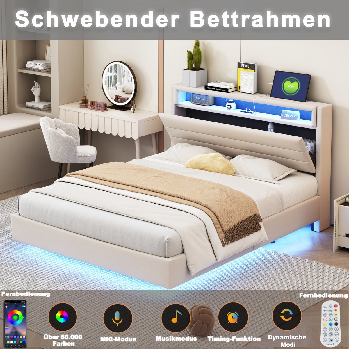 Merax Gestoffeerd bed 160x200 cm met USB-aansluiting en LED-verlichting - omkeerbaar hoofdeinde - verborgen voeteneinde - beige - zonder matras