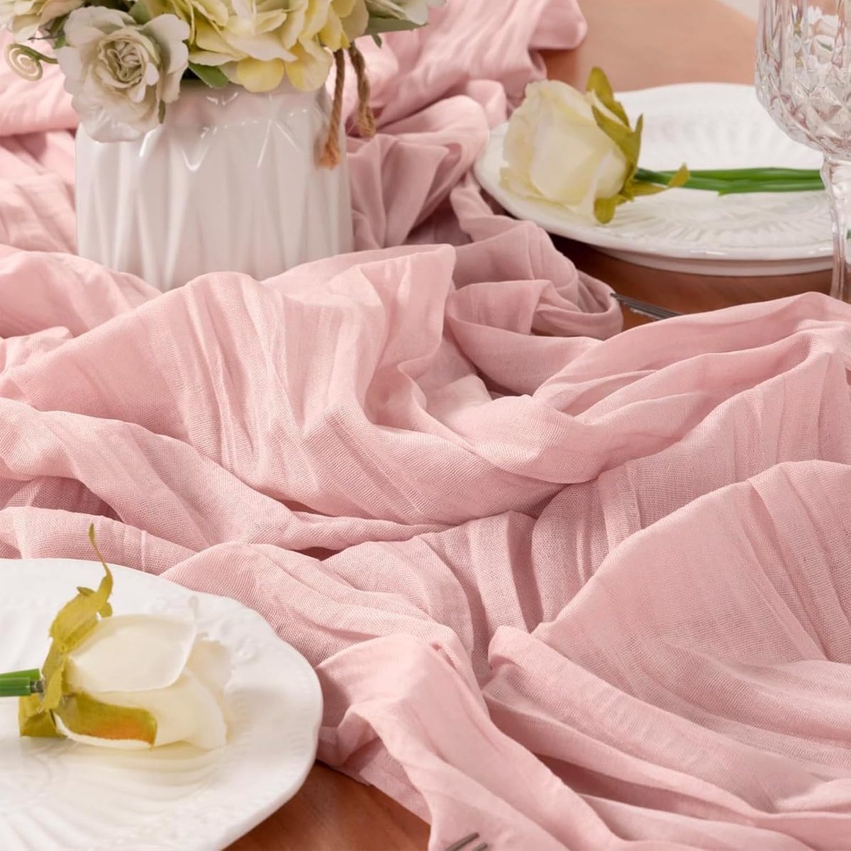 Tafelrunner - Roze Tafelloper - 90 x 180 cm - Bohemian Roze Chiffon Rustic Mesh Tafelversiering voor Keuken - Feestdagen - Trouwen - Verjaardagsfeest