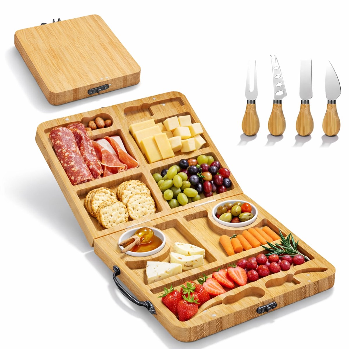 Luxe Inklapbare borrelplank - Tapasplank - Kaasplank - Serveerplank - Borrelplank met schaaltjes - Borrelplank Hout - Incl. Kaasmesjes en schaaltjes - Bamboe