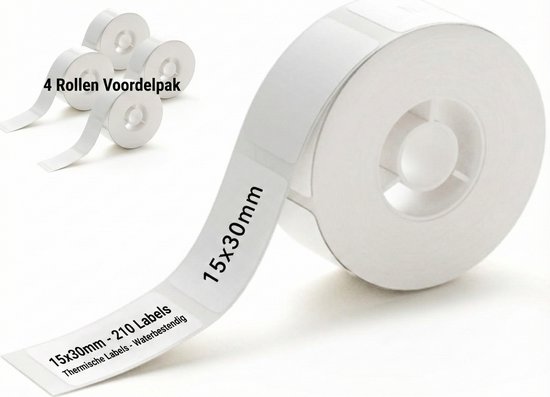 4 Rollen Voordeelpakket: 15x30mm Thermische Labels - Waterbestendig, 210 stuks per rol.