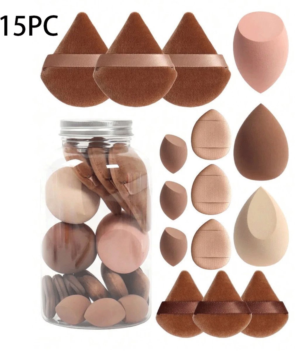 15 Delige - Make-up sponsje - Powder Puff - Beauty Blender - Gezichtssponsjes - Make-up sponsenset - Poederspons - Blenderspons - Spons - met opbergdoos - Bruin