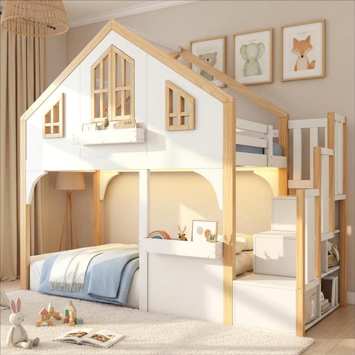 Bed 90 x 200 cm – met LED-verlichting – houten – wit – voor kinderkamer en tienerkamer – praktisch ruimtebesparend ontwerp – praktische slaapoplossing voor