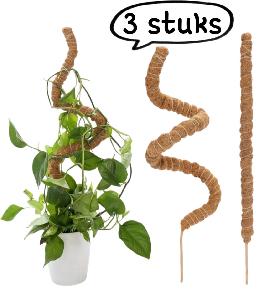 3-delige plantenmoskolom - Flexibele, staafvormige kokosvezel - Plantensteun voor mos - Tuinstandaard voor Pothos en Monstera - 40 cm - 5 mm aluminium kern - Bruin
