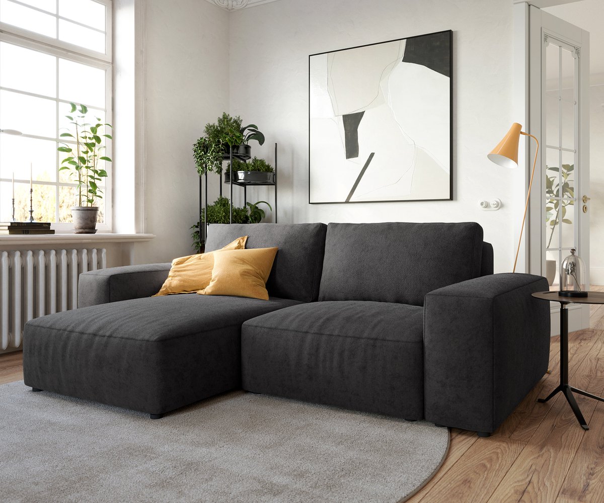 DELIFE Hoeksofa Lanzo microvezel zwart 230x155 cm met variabele recamière