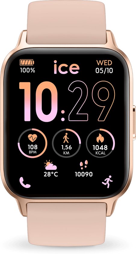 Montre connectée rose Ice Watch avec boîtier doré, affiche l'heure 10:29, la fréquence cardiaque, la distance et les calories.