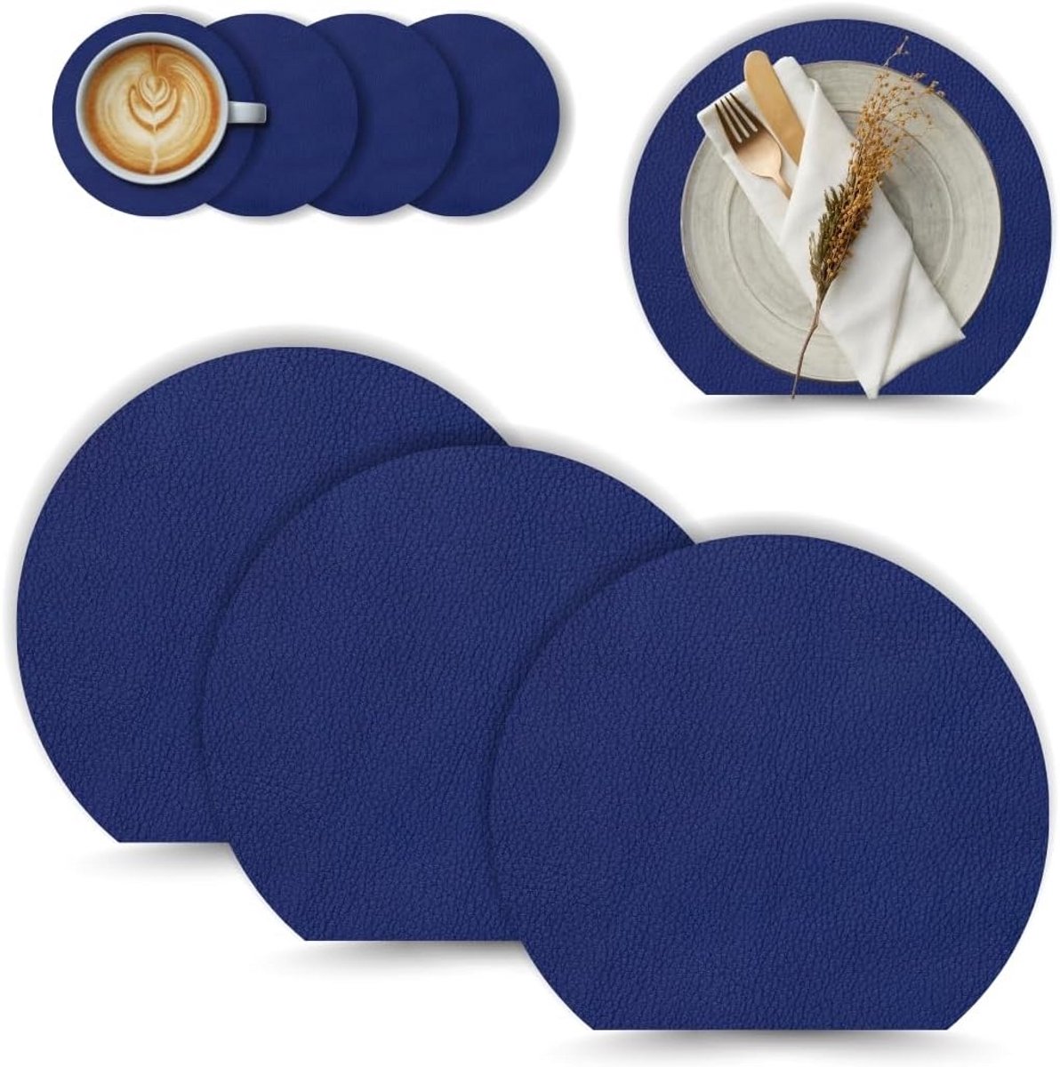 Set van 4 Ronde Placemats en Onderzetters van PU-Leer, Hittebestendig en Antislip