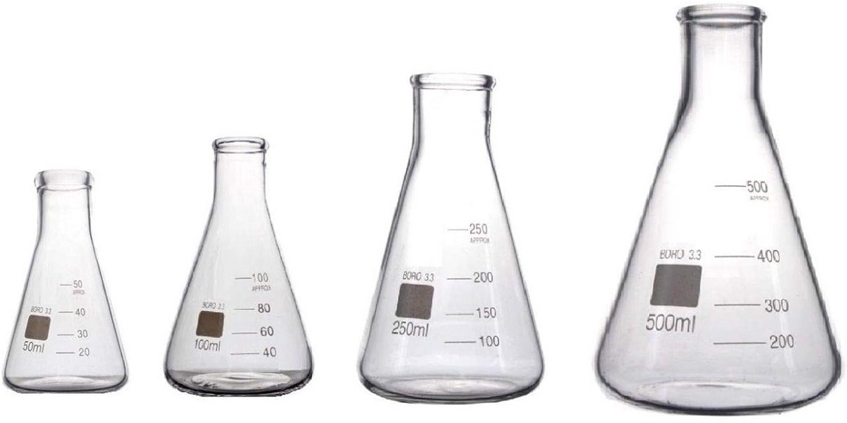 Set van 4 Borosilicaat Kristalheldere Erlenmeyers voor Laboratorium 50ml tot 500ml