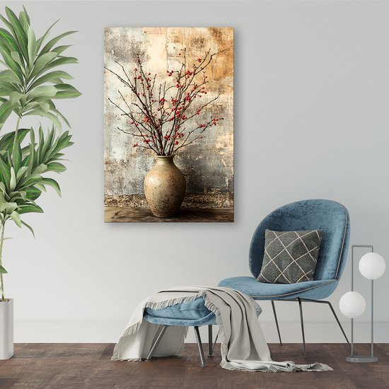 Canvas print van takken met rode besjes in een vaas, tegen een rustieke muur, naast een blauwe stoel.