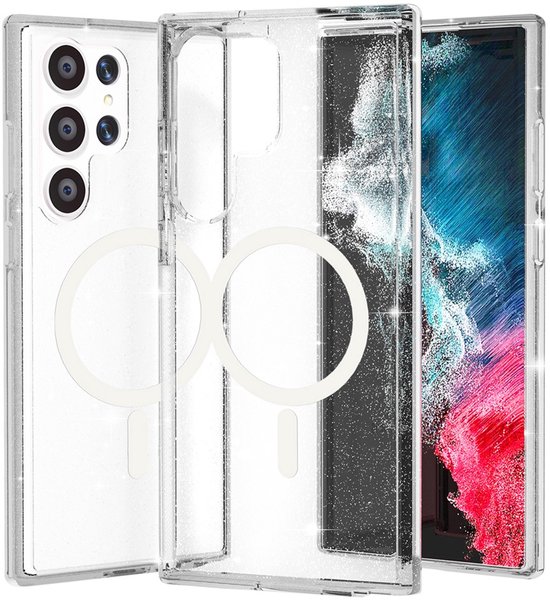 Coque transparente à paillettes avec anneau MagSafe, présentée avec un smartphone.
