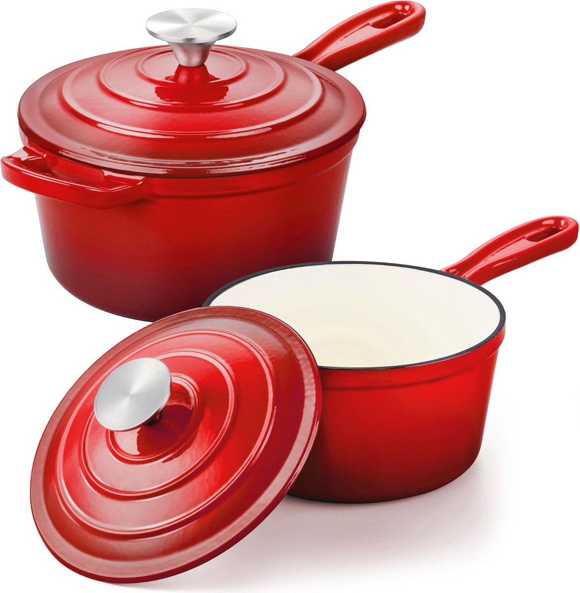 Gietijzeren Steelpan Set met Deksel, 1 Liter en 2 Liter, Rood Emaille