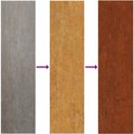 Drie panelen tonen de verandering van grijs naar goudkleurig naar roestbruin staal.
