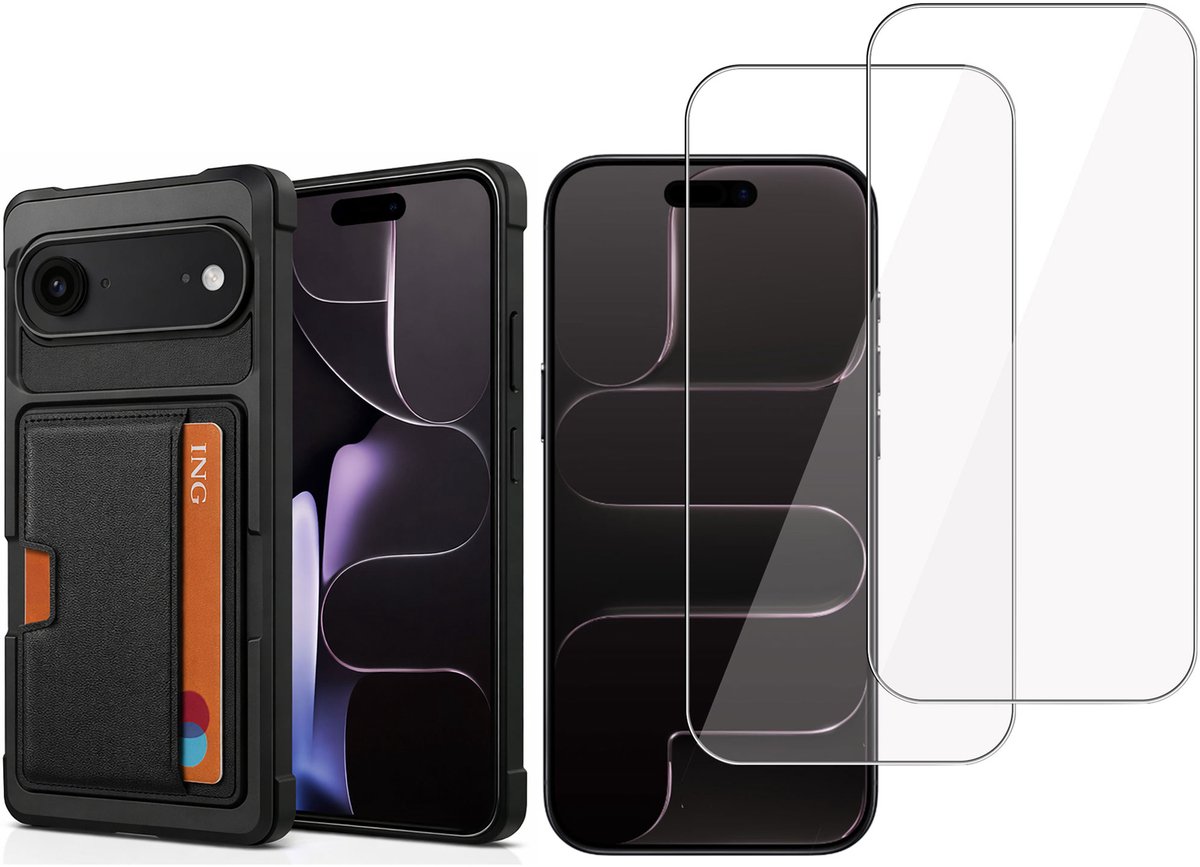 Pasjes Houder Hoesje & 2x Screenprotector geschikt voor iPhone Air Hoesje Screenprotector - Gehard Glas Cover + Heavy Duty Case - Magnetisch Portemonnee Hoesje Cover - Zwart