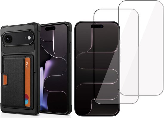 Zwarte telefoonhoes met portemonnee en twee glasplaten op zwarte telefoonmodellen.