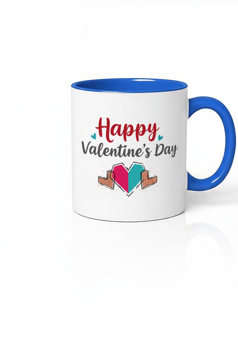 Valentijnsdag Mok - Happy Valentine's Day met Harten & Blauwe Rand - Romantisch Cadeau