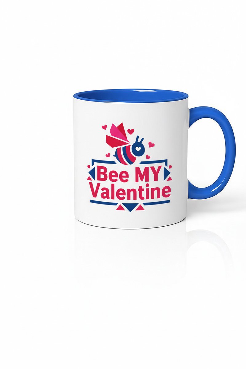 Valentijn Mok 'Bee MY Valentine' met schattige Bij & Hartjes - Blauw/Wit Keramische Beker