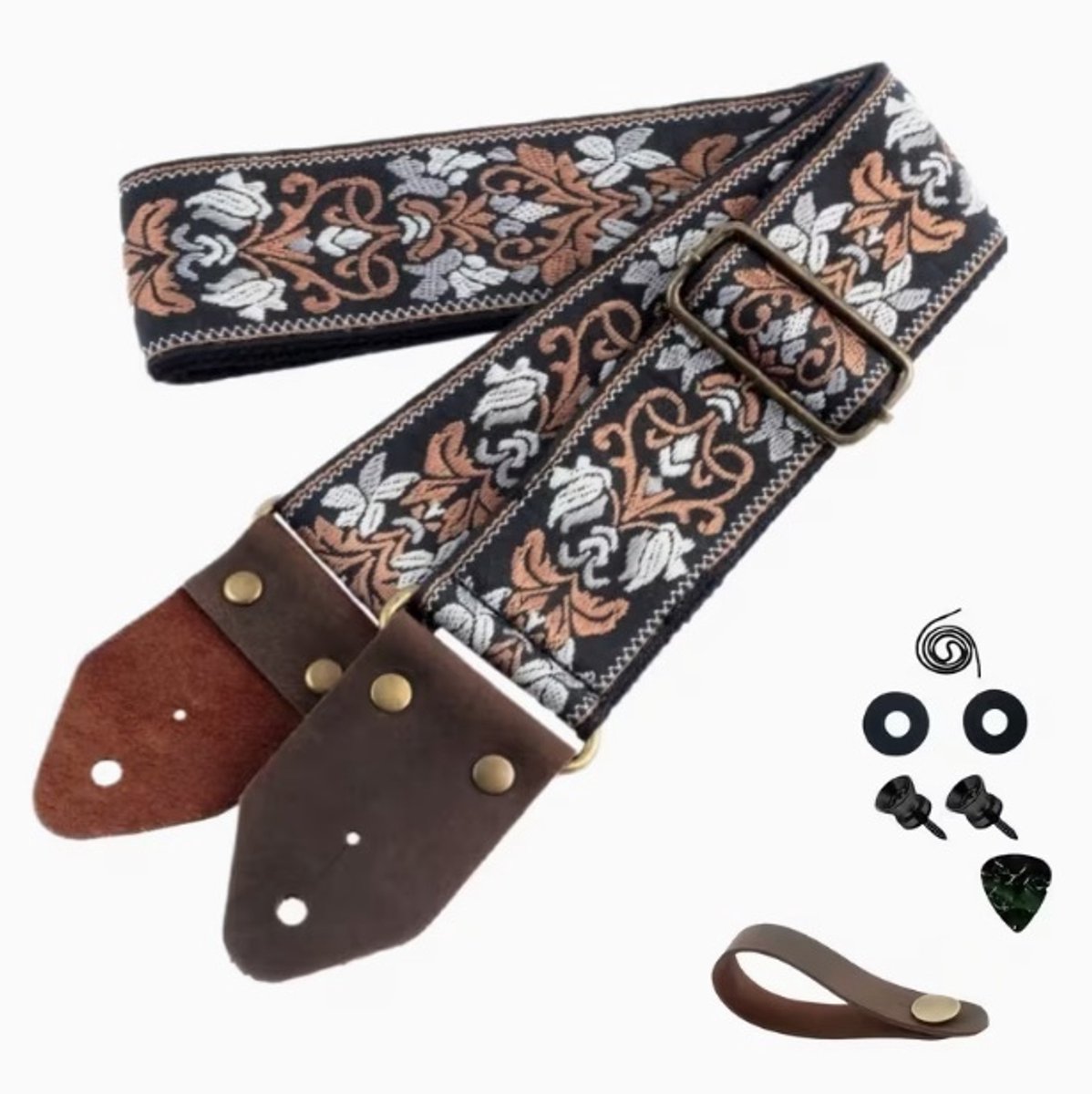 P&P® - Professionele Verstelbare Stevige Gitaarband - Guitar strap Band - Luxe Gitaarriem - Leren uiteinden - Geborduurd Bruin