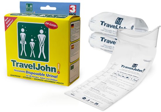 Gele TravelJohn doos met drie stuks en twee gevouwen TravelJohn plaszakken, één geopend.