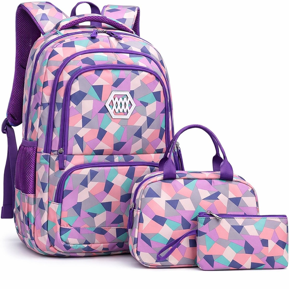Ultiluxe® Rugzak set - 3 stuks - Paars/roze - 48 x 33 x 24 - Rugtas, lunchtas, etui - 15.6 inch laptoptas - Schoolrugzak voor kinderen - Meiden school tassen set - 35 L - Schooltas voor meisjes - Schoolrugtas met print - Tas met laptop vak