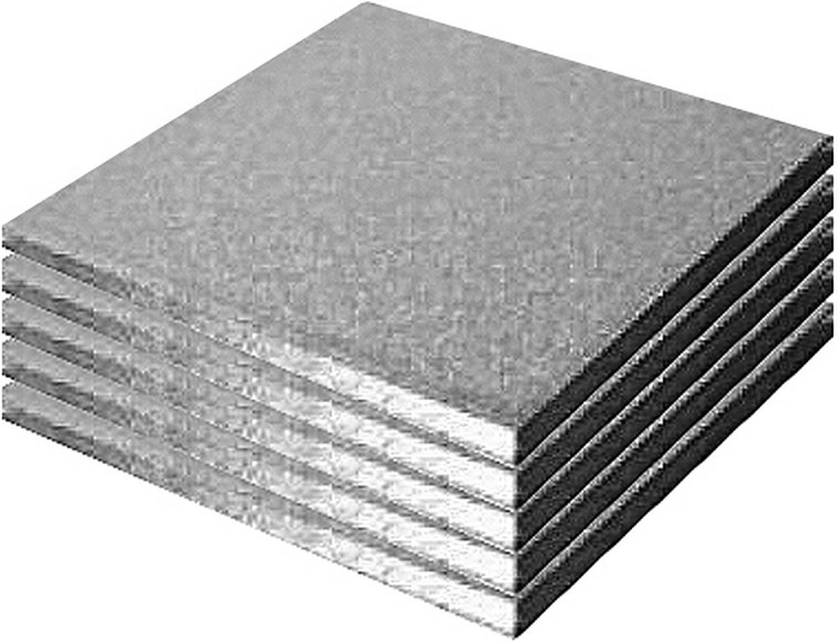 5x Vierkante Taartbodem Drums Karton 20cm dik met Zilverfolie